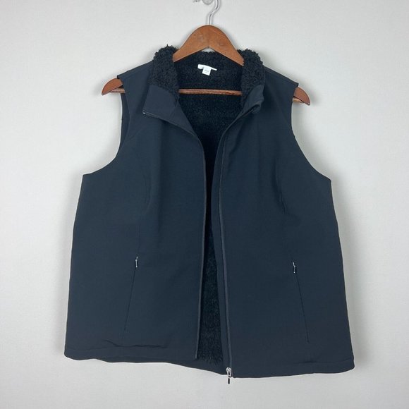 J Jill Fit Vest Women XL Black Faux Fur Sherpa Lined Full Zip Sleeveless Pockets - Picture 6 of 13